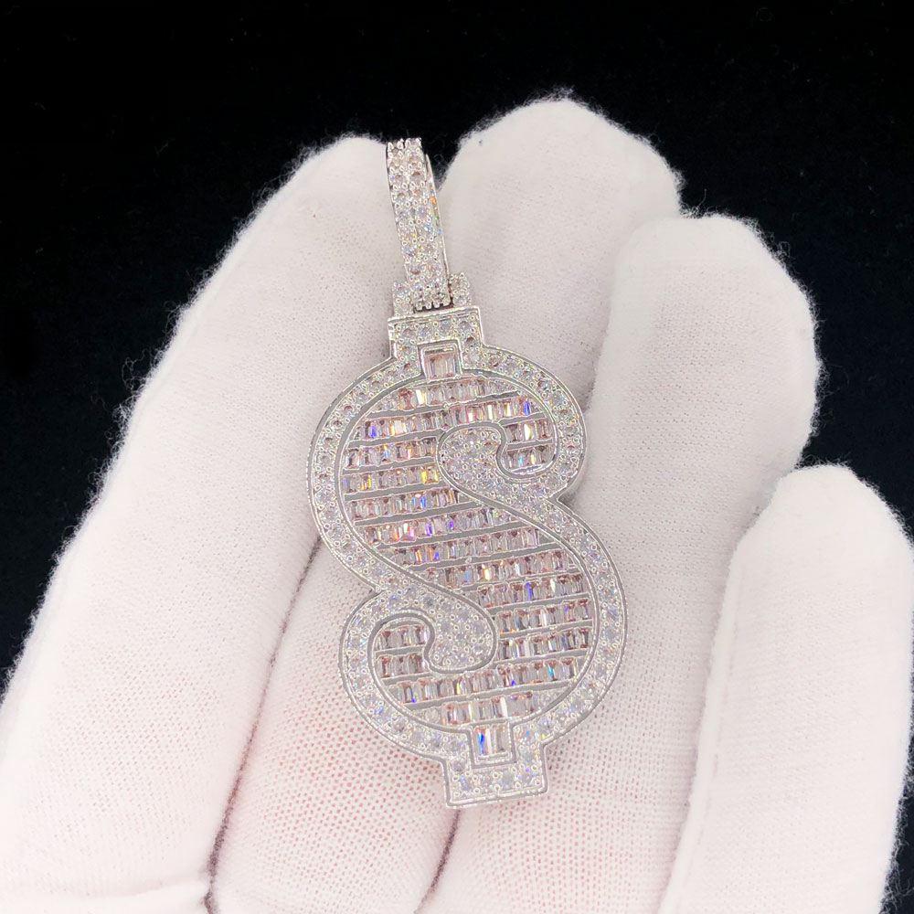 Money Dollar Sign Baguette Iced Out Hip Hop Pendant White Gold HipHopBling