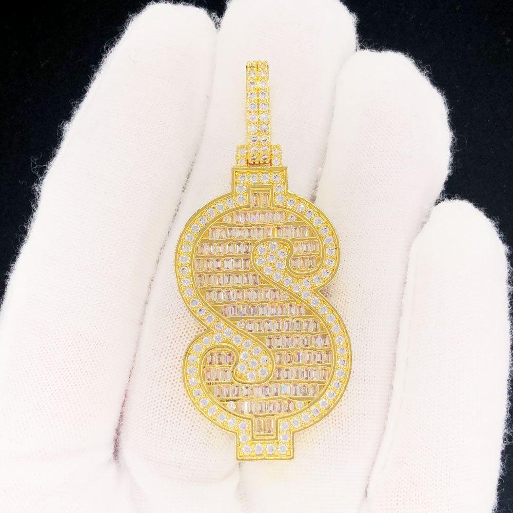 Money Dollar Sign Baguette Iced Out Hip Hop Pendant Yellow Gold HipHopBling