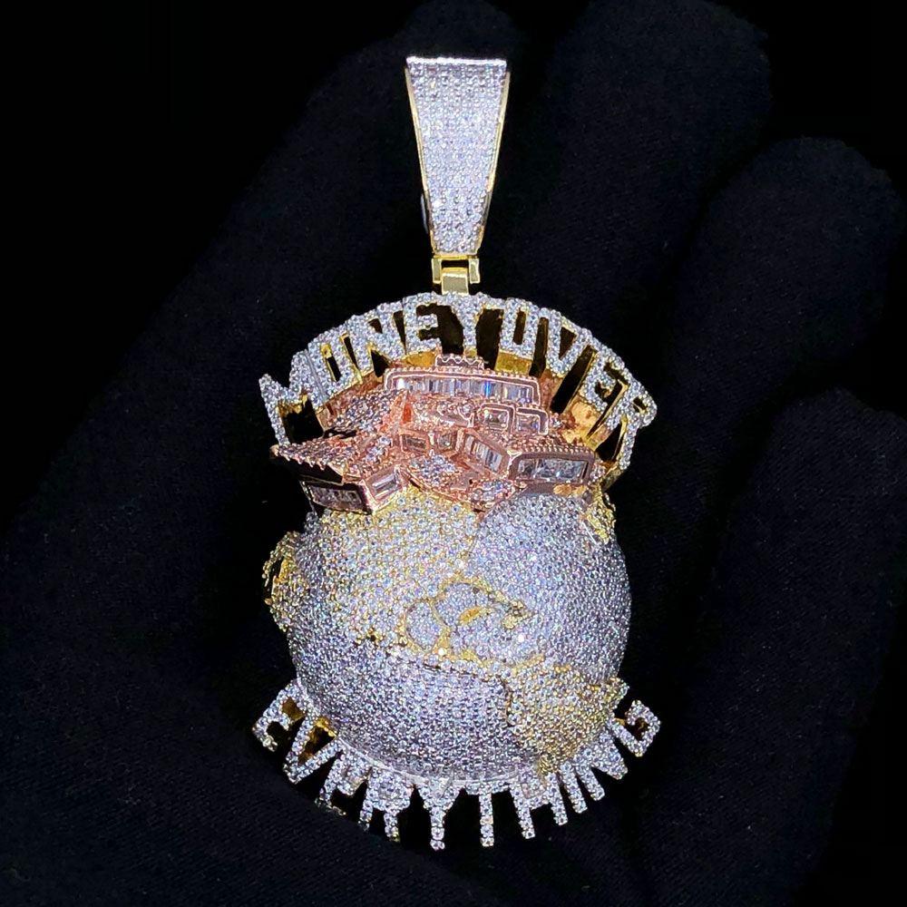 Money Over Everything Globe VVS CZ Hip Hop Iced Out Pendant Yellow Gold HipHopBling
