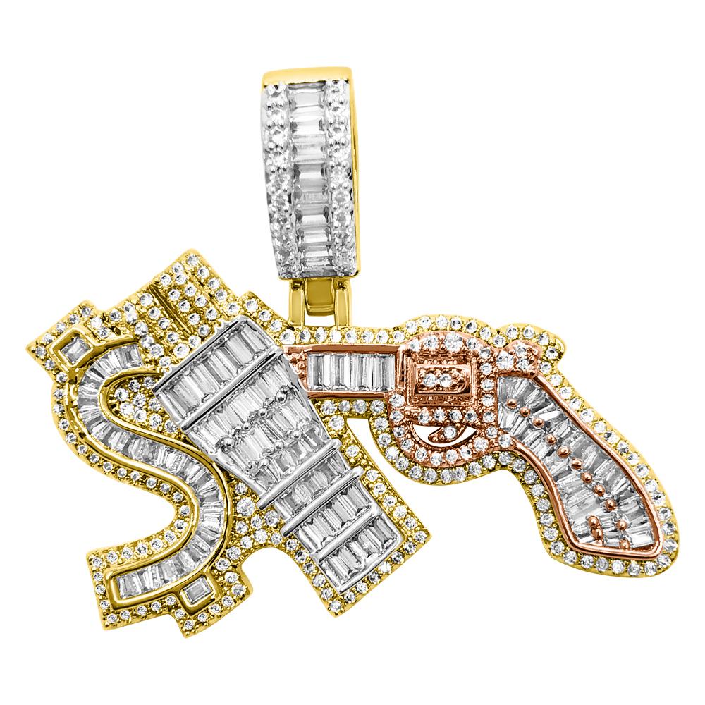 Money Power Respect 3 Tone Baguette VVS CZ Iced Out Pendant 3 Tone HipHopBling