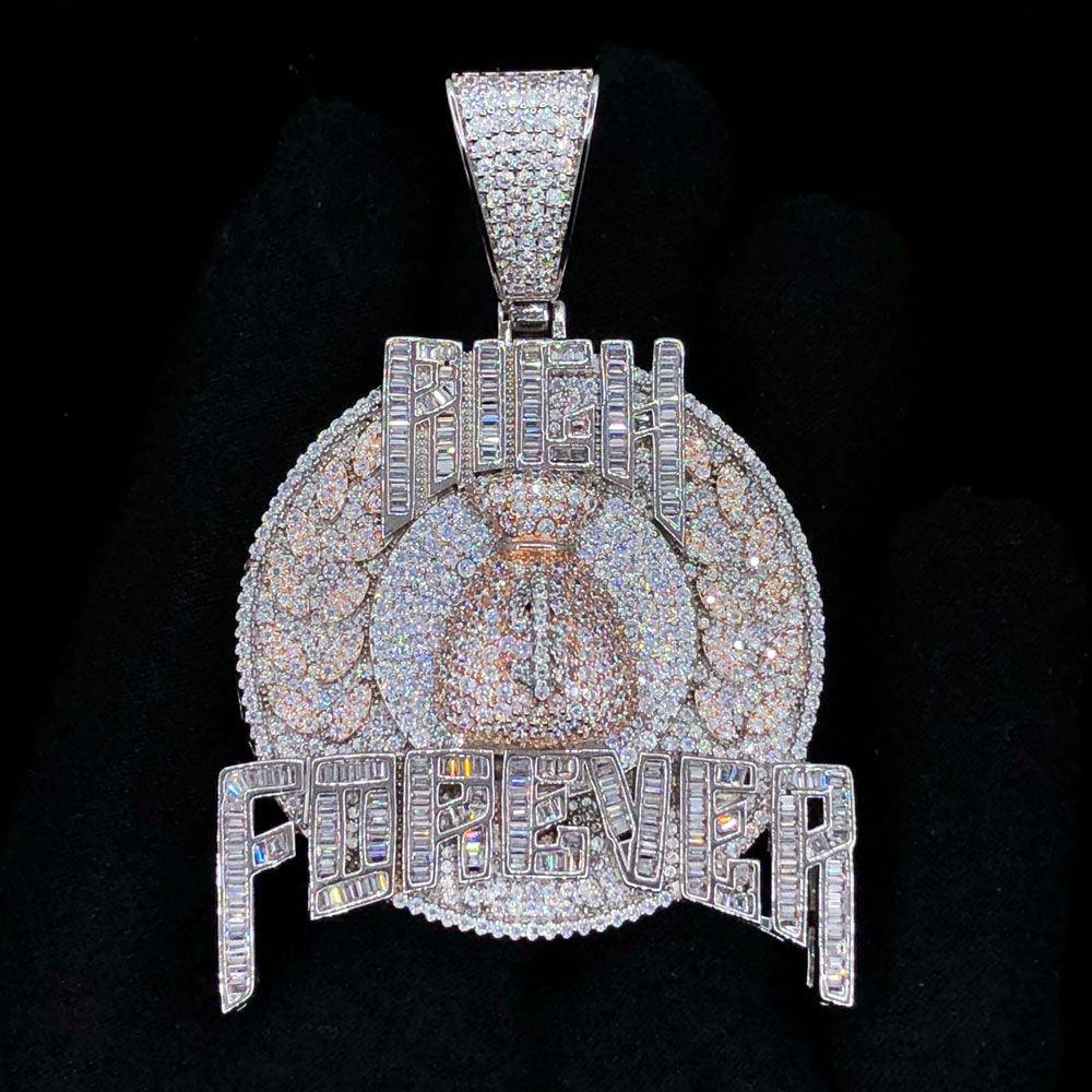 Money Rich Forever Baguette VVS CZ Hip Hop Iced Out Pendant White Gold HipHopBling