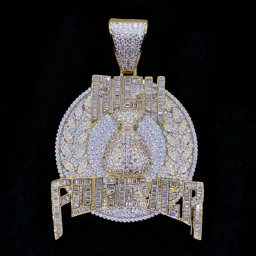 Money Rich Forever Baguette VVS CZ Hip Hop Iced Out Pendant Yellow Gold HipHopBling