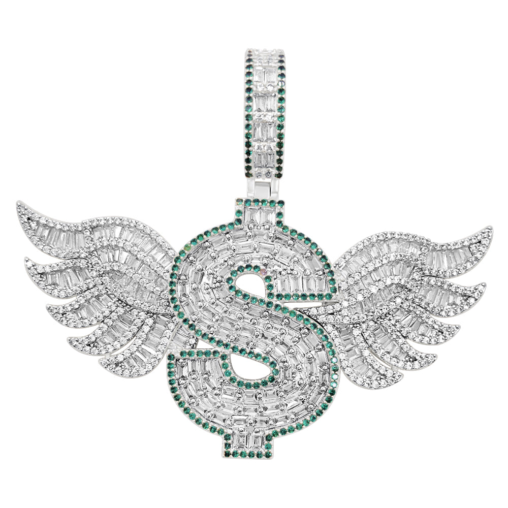 Money Sign Wings Baguette VVS CZ Hip Hop Iced Out Pendant White Gold HipHopBling