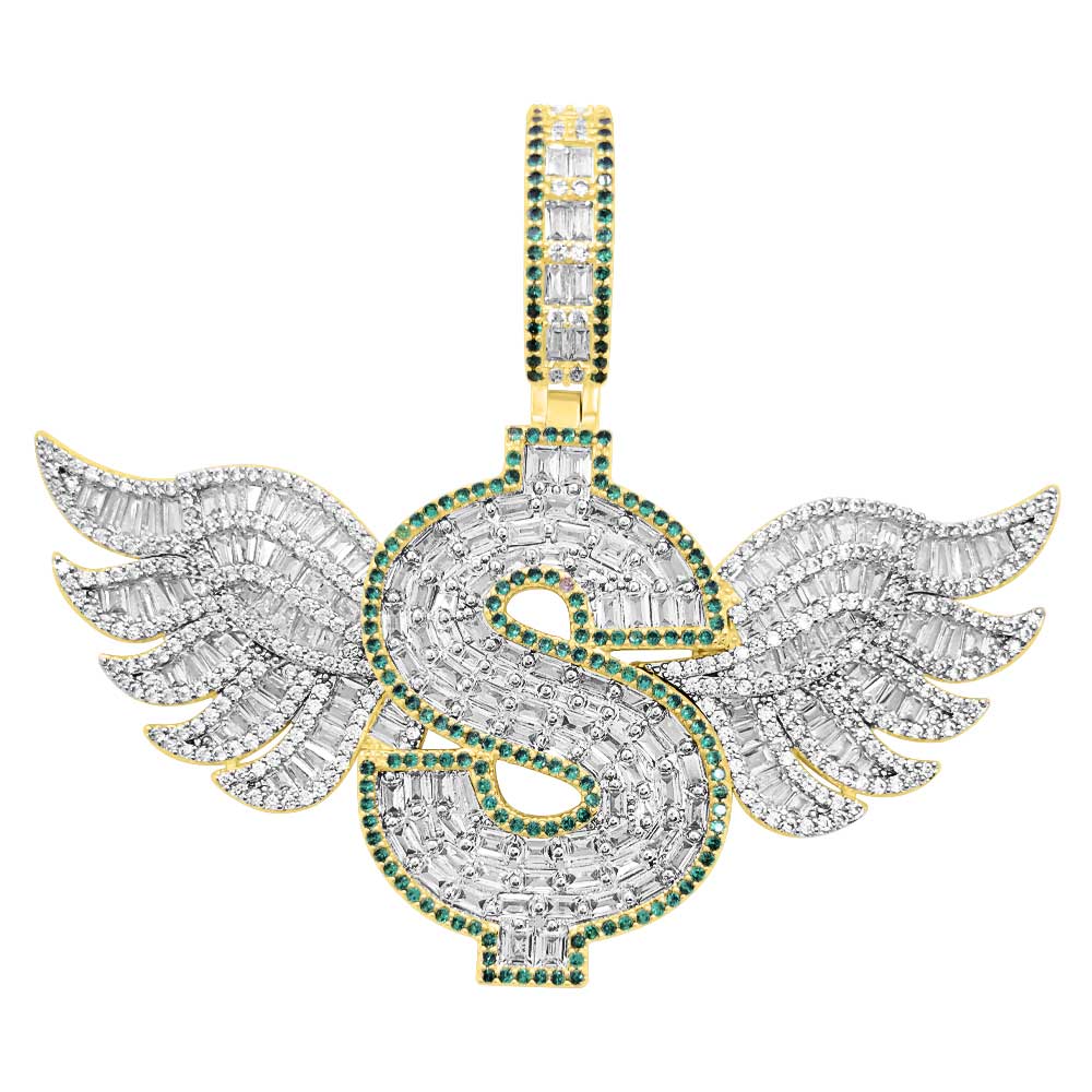 Money Sign Wings Baguette VVS CZ Hip Hop Iced Out Pendant Yellow Gold HipHopBling