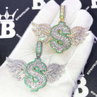 Money Sign Wings Baguette VVS CZ Hip Hop Iced Out Pendant Yellow Gold HipHopBling