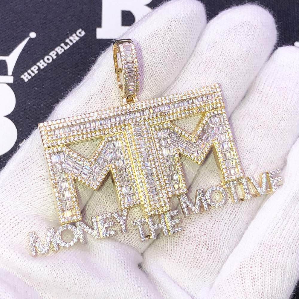 Money The Motive MTM Baguette VVS CZ Hip Hop Iced Out Pendant Yellow Gold HipHopBling