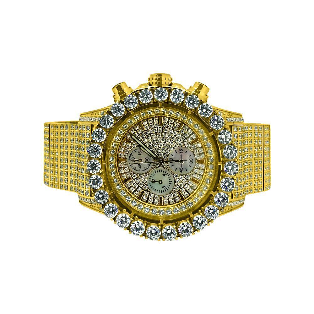 Monster Bezel CZ Iced Out Watch Stainless Steel Yellow Gold HipHopBling