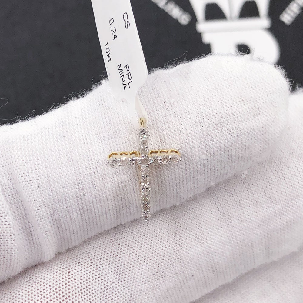 Nano Sized Tennis Cross Diamond Pendant .25cttw 10K Yellow Gold HipHopBling
