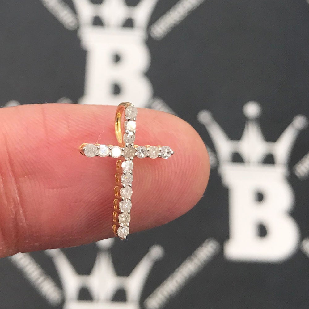 Nano Sized Tennis Cross Diamond Pendant .25cttw 10K Yellow Gold HipHopBling