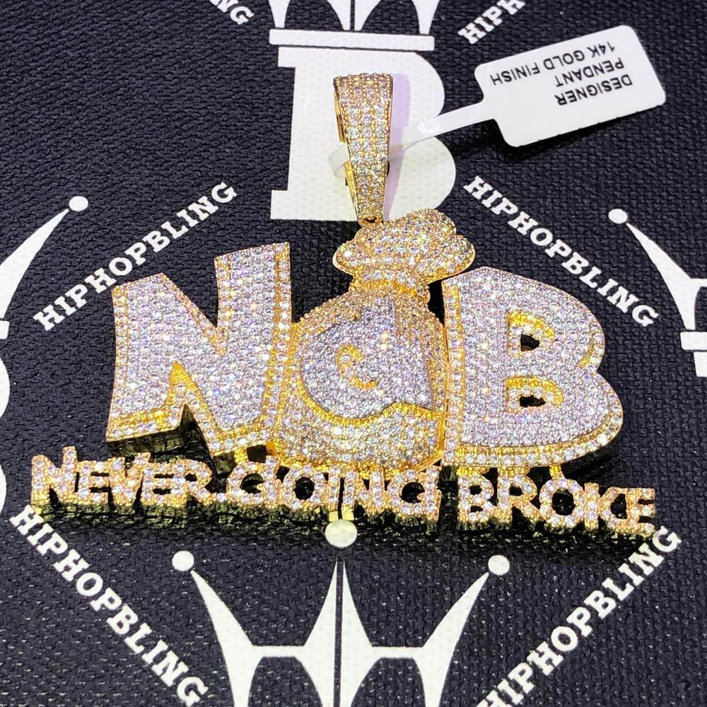 Never Going Broke CZ Hip Hop Bling Bling Pendant Yellow Gold HipHopBling