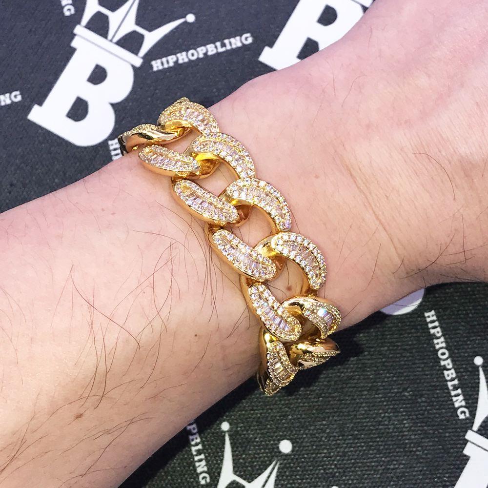 New Baguette Cuban VVS CZ Iced Out Hip Hop Bracelet Yellow Gold 8" HipHopBling