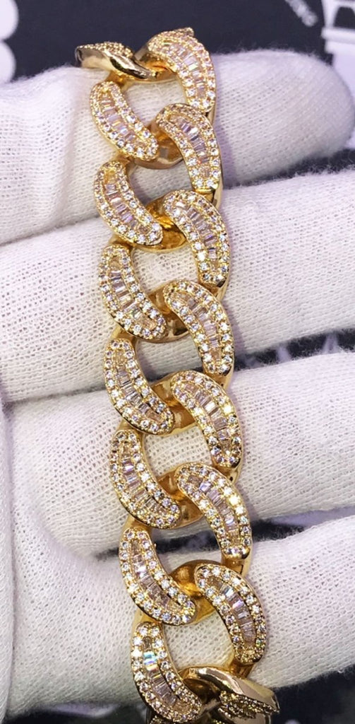 New Baguette Cuban VVS CZ Iced Out Hip Hop Bracelet Yellow Gold 8" HipHopBling