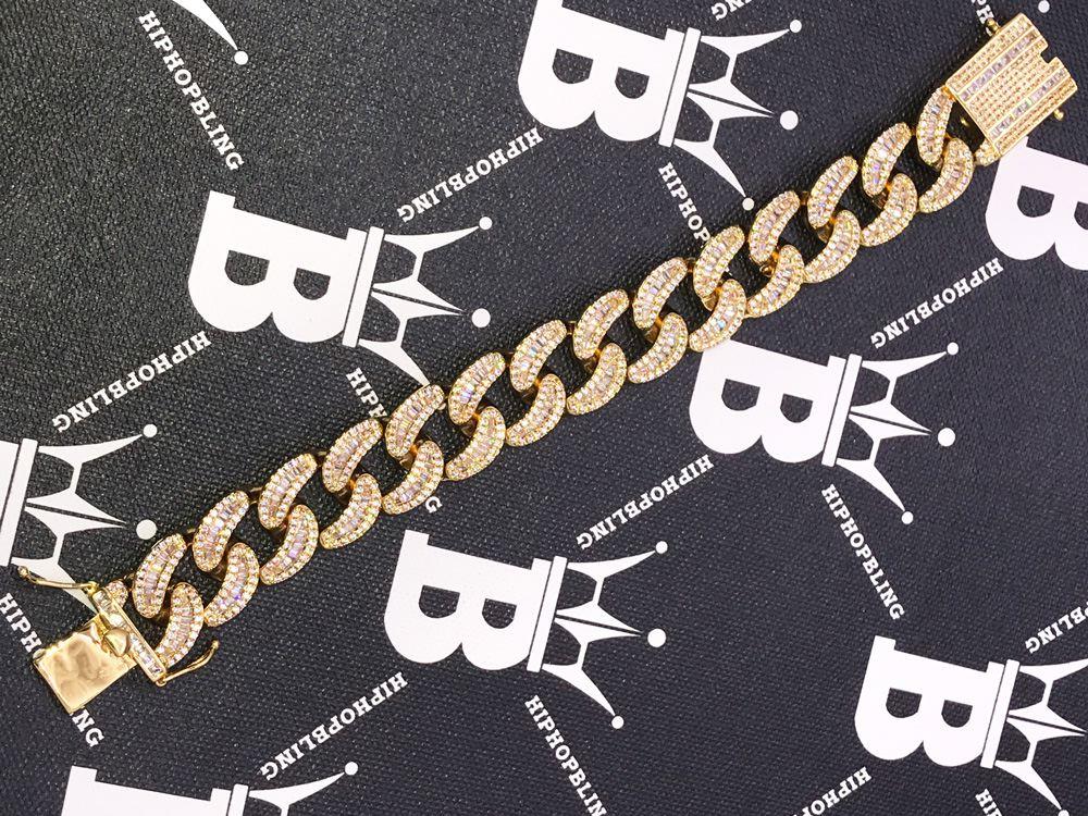 New Baguette Cuban VVS CZ Iced Out Hip Hop Bracelet Yellow Gold 8" HipHopBling