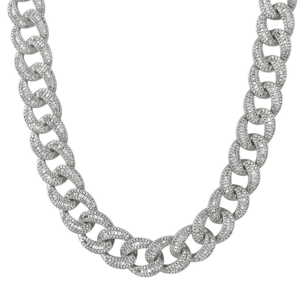 New Baguette Polished 18MM Cuban Iced Out Chain White Gold 30" HipHopBling
