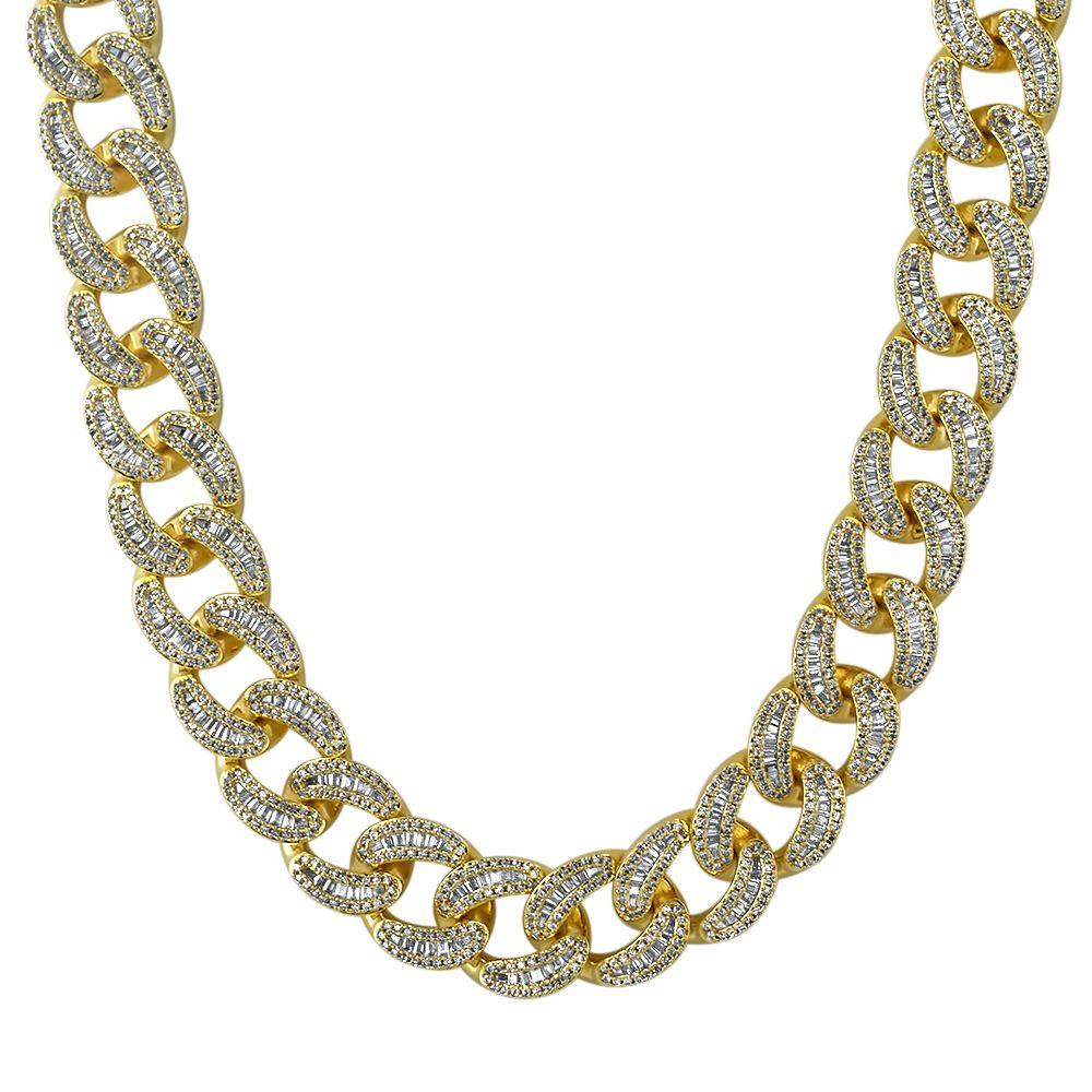 New Baguette Polished 18MM Cuban Iced Out Chain Yellow Gold 20" HipHopBling