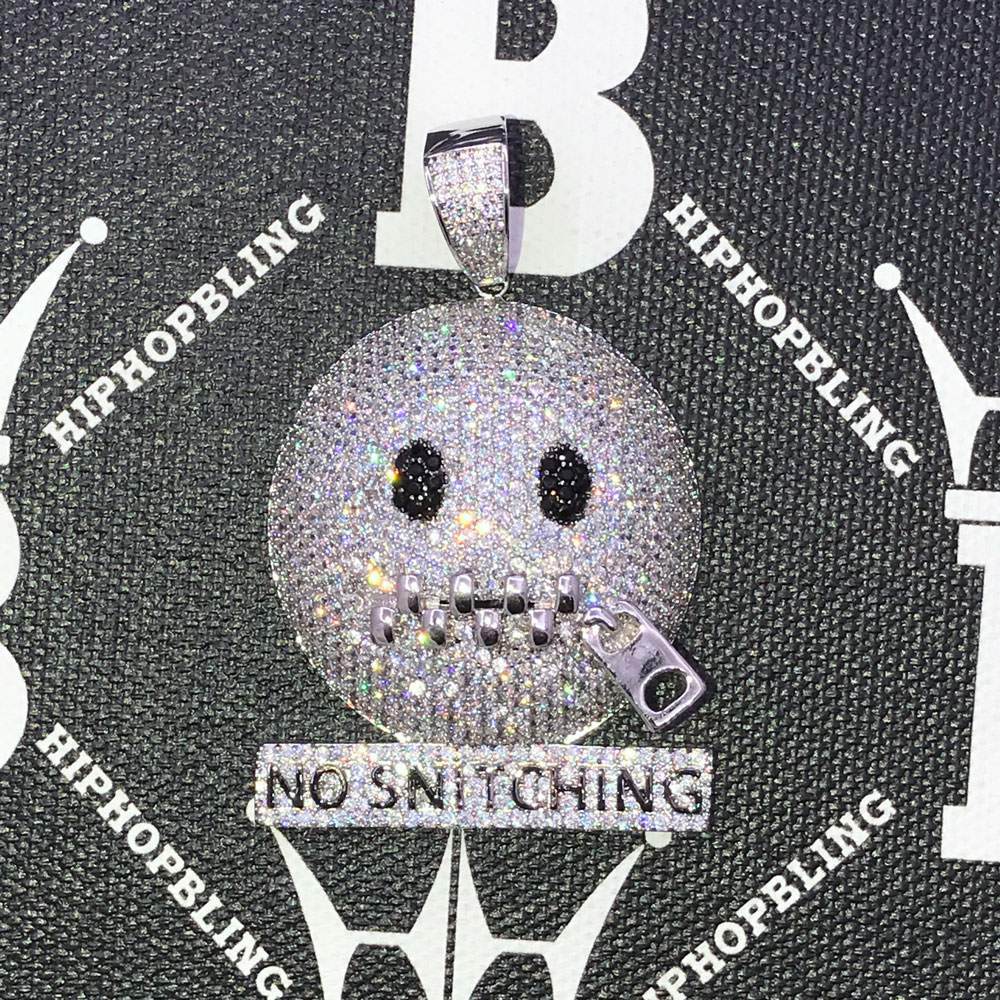 No Snitching Face CZ Hip Hop Bling Bling Pendant White Gold HipHopBling