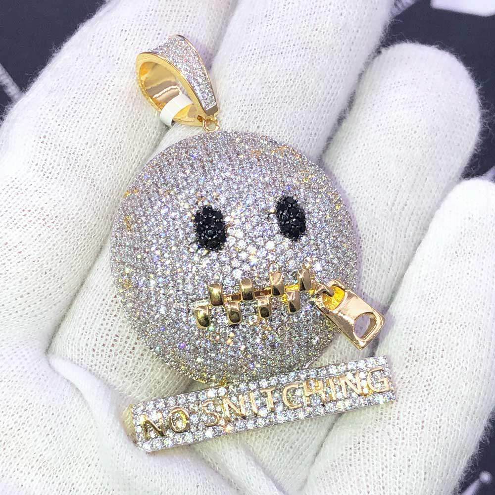 No Snitching Face CZ Hip Hop Bling Bling Pendant Yellow Gold HipHopBling