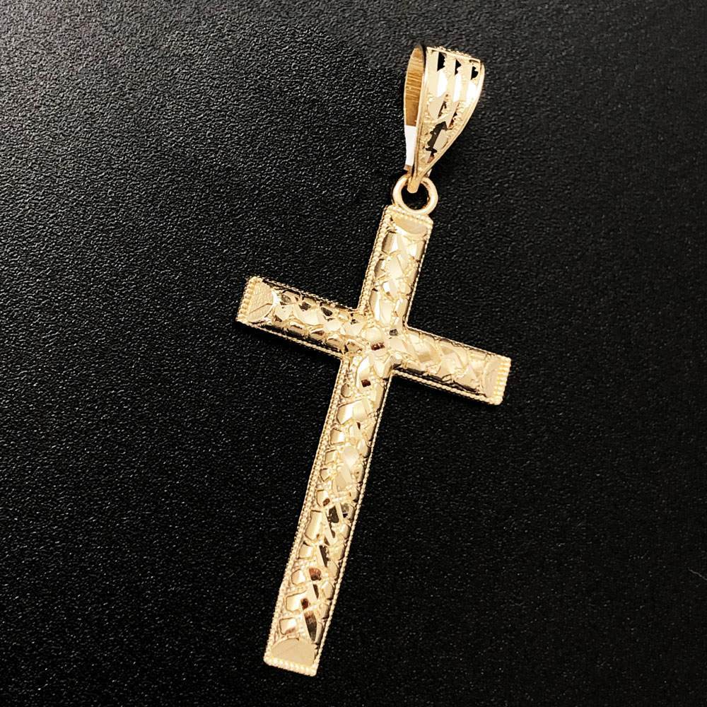 Nugget Cross Tall Domed DC 10K Yellow Gold Pendant HipHopBling