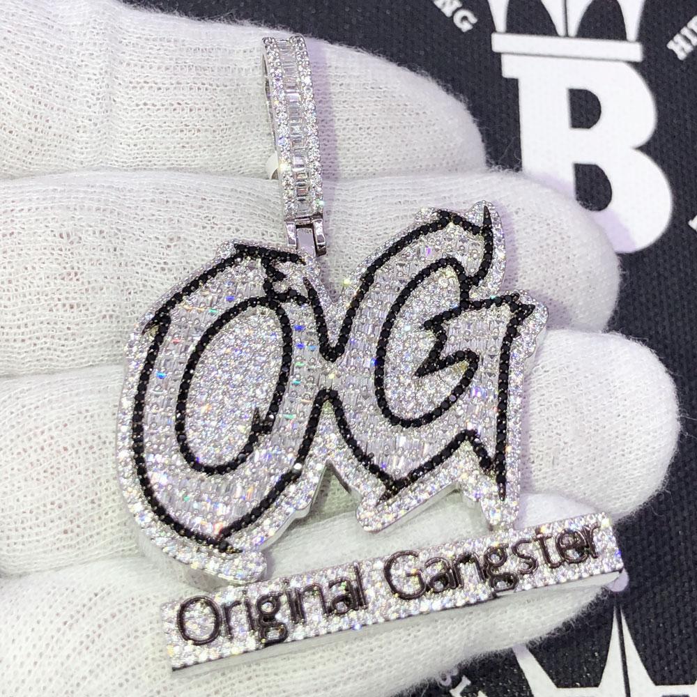 OG Original Gangster Baguette CZ Iced Out Pendant White Gold HipHopBling