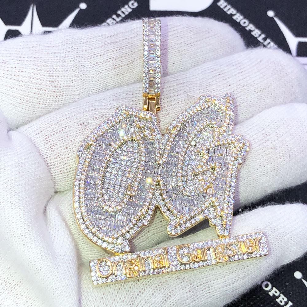 OG Original Gangster Baguette CZ Iced Out Pendant Yellow Gold HipHopBling