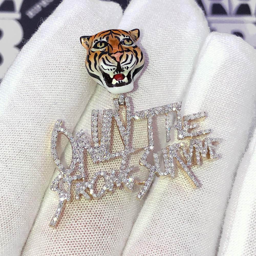 Only The Strong Survive Tiger Diamond Pendant 1.09cttw 10K Yellow Gold HipHopBling