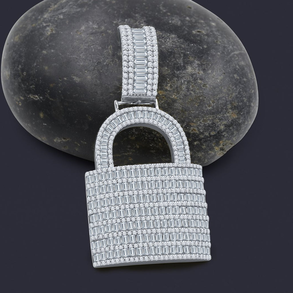 Pad Lock Baguette CZ Iced Out Pendant .925 Sterling Silver Yellow Gold HipHopBling