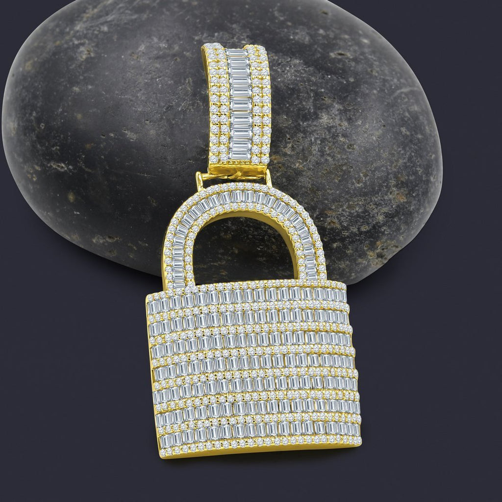 Pad Lock Baguette CZ Iced Out Pendant .925 Sterling Silver Yellow Gold HipHopBling