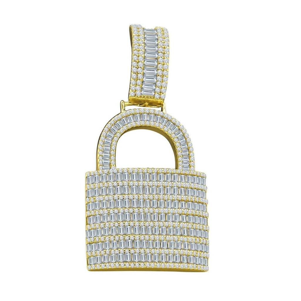Pad Lock Baguette CZ Iced Out Pendant .925 Sterling Silver Yellow Gold HipHopBling