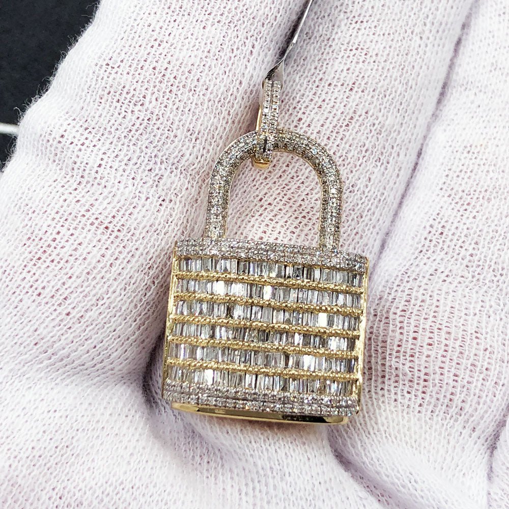 Padlock Baguette Diamond Pendant 1.30cttw 10K Yellow Gold HipHopBling