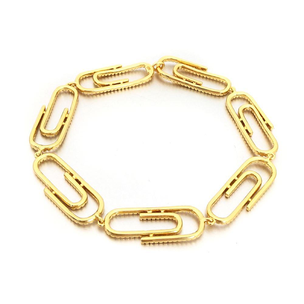 Paper Clip Link CZ Bling Bling Bracelet Yellow Gold 9" HipHopBling