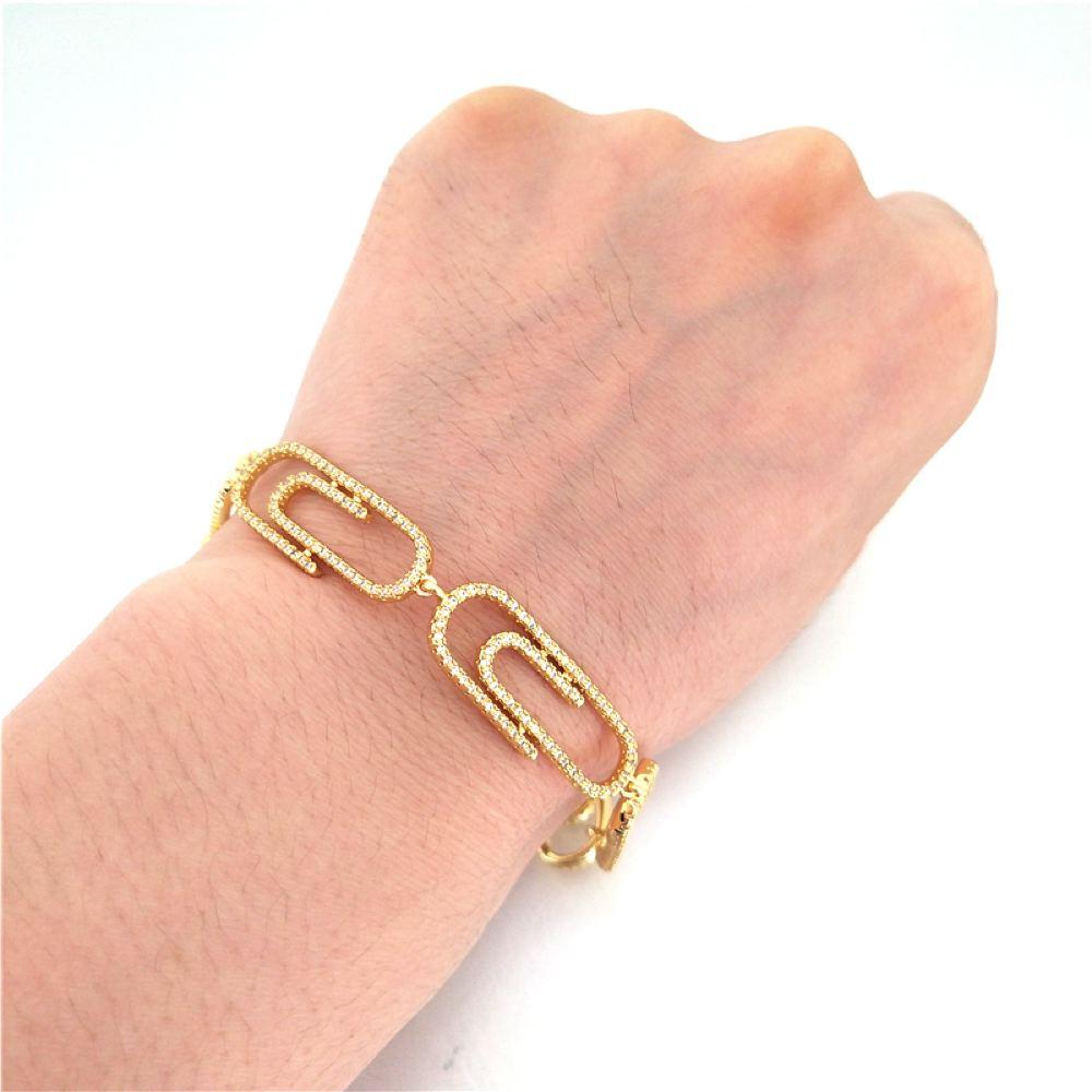 Paper Clip Link CZ Bling Bling Bracelet Yellow Gold 9" HipHopBling
