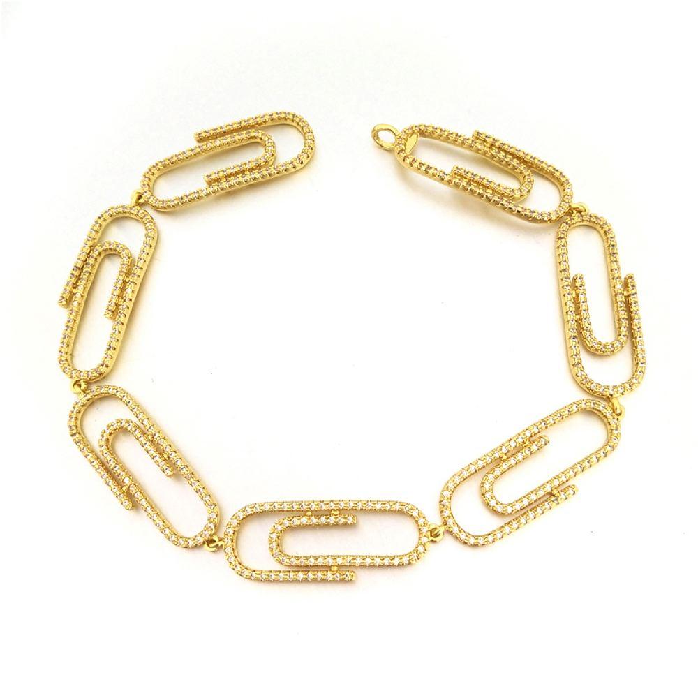 Paper Clip Link CZ Bling Bling Bracelet Yellow Gold 9" HipHopBling
