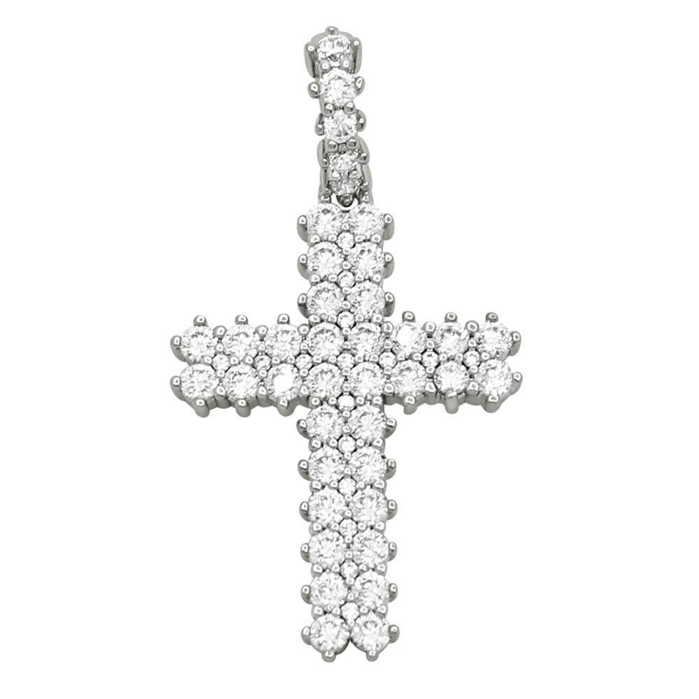 Pave Double Row Cross Hip Hop Bling Bling Pendant White Gold HipHopBling