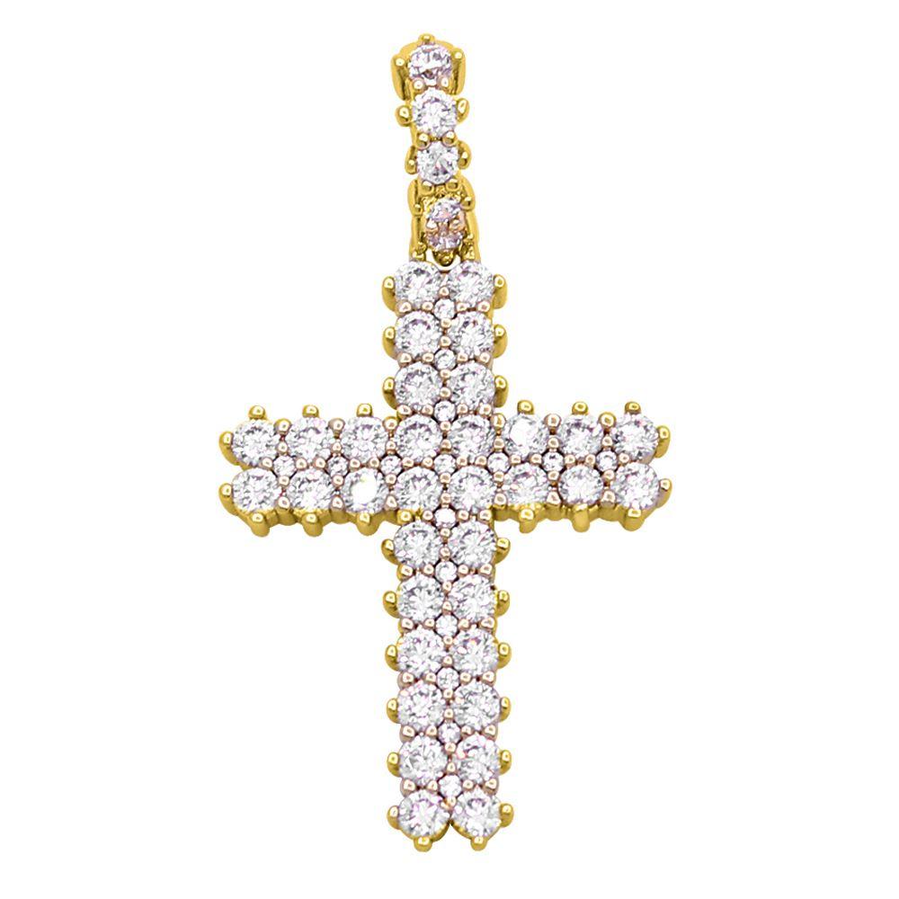 Pave Double Row Cross Hip Hop Bling Bling Pendant Yellow Gold HipHopBling