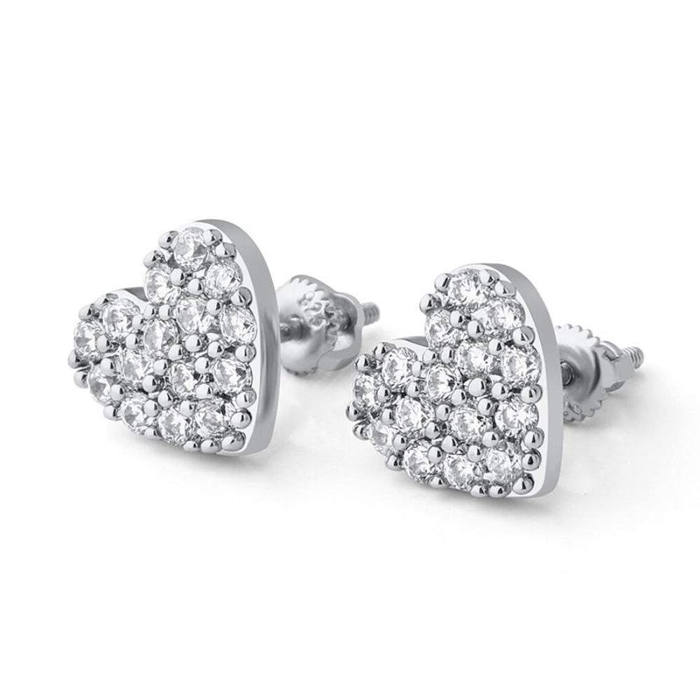 Pave Heart Stud CZ Iced Out Earrings .925 Sterling Silver Yellow Gold HipHopBling
