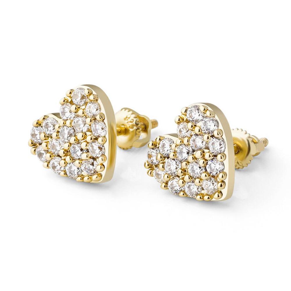 Pave Heart Stud CZ Iced Out Earrings .925 Sterling Silver Yellow Gold HipHopBling