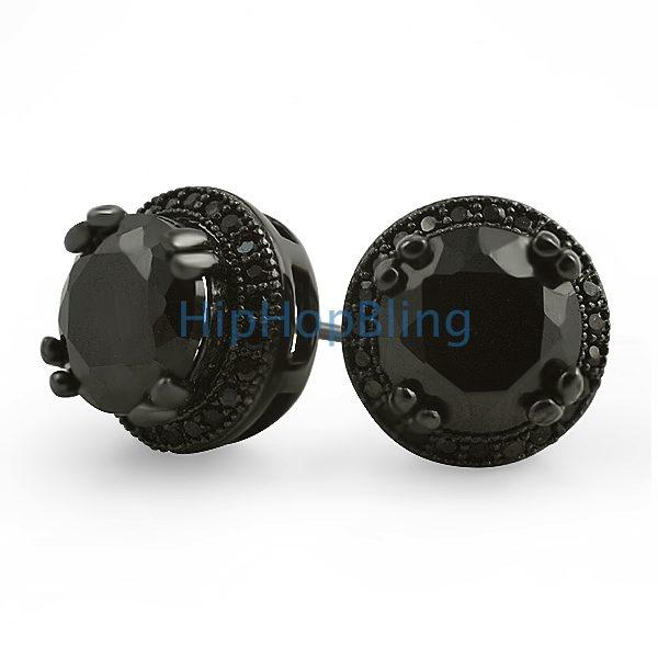 Pave Ice Border Black CZ Solitaire Bling Bling Earrings HipHopBling