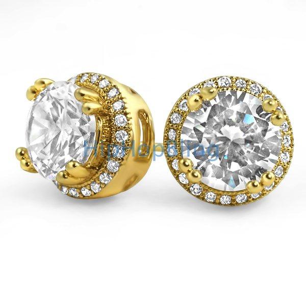 Pave Ice Border Gold CZ Solitaire Bling Bling Earrings YELLOW GOLD HipHopBling