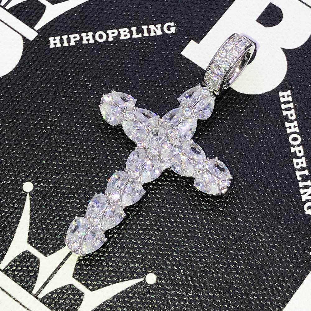 Pear Cut Cross CZ Hip Hop Bling Bling Pendant White Gold HipHopBling