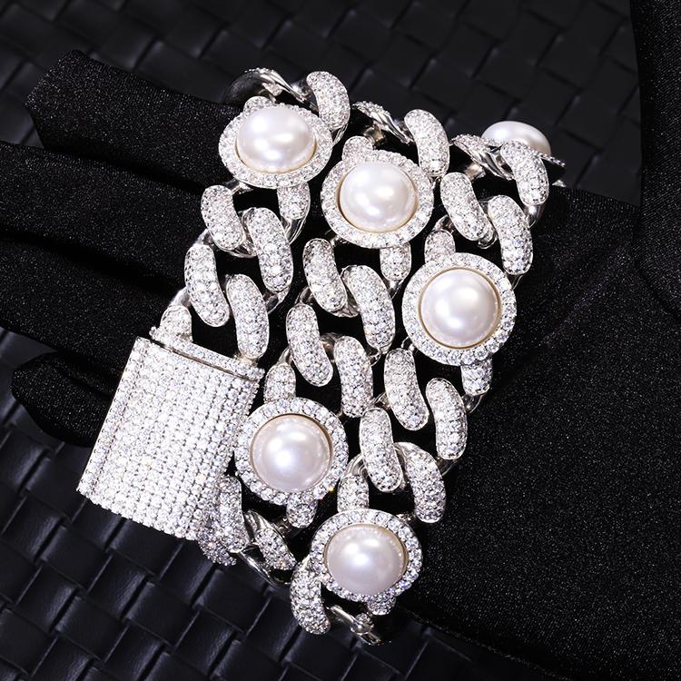 Pearl Link Moissanite Iced Out Cuban Chain .925 Sterling Silver 18" HipHopBling
