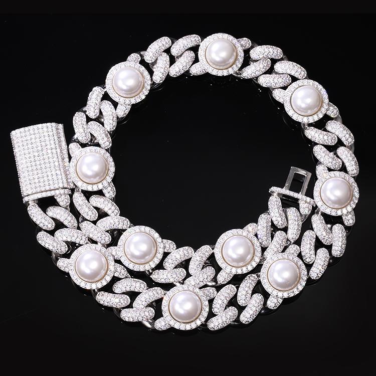 Pearl Link Moissanite Iced Out Cuban Chain .925 Sterling Silver 18" HipHopBling