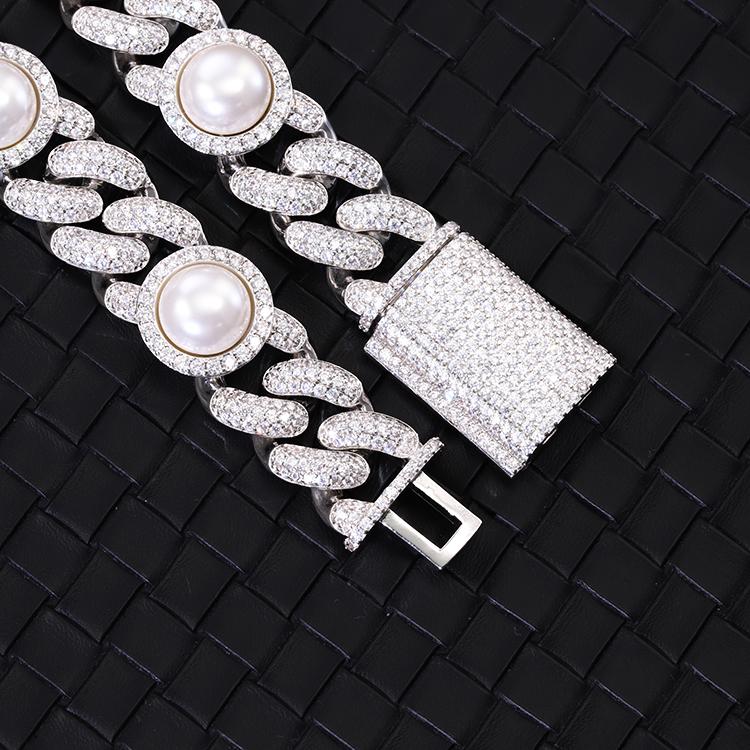 Pearl Link Moissanite Iced Out Cuban Chain .925 Sterling Silver 18" HipHopBling