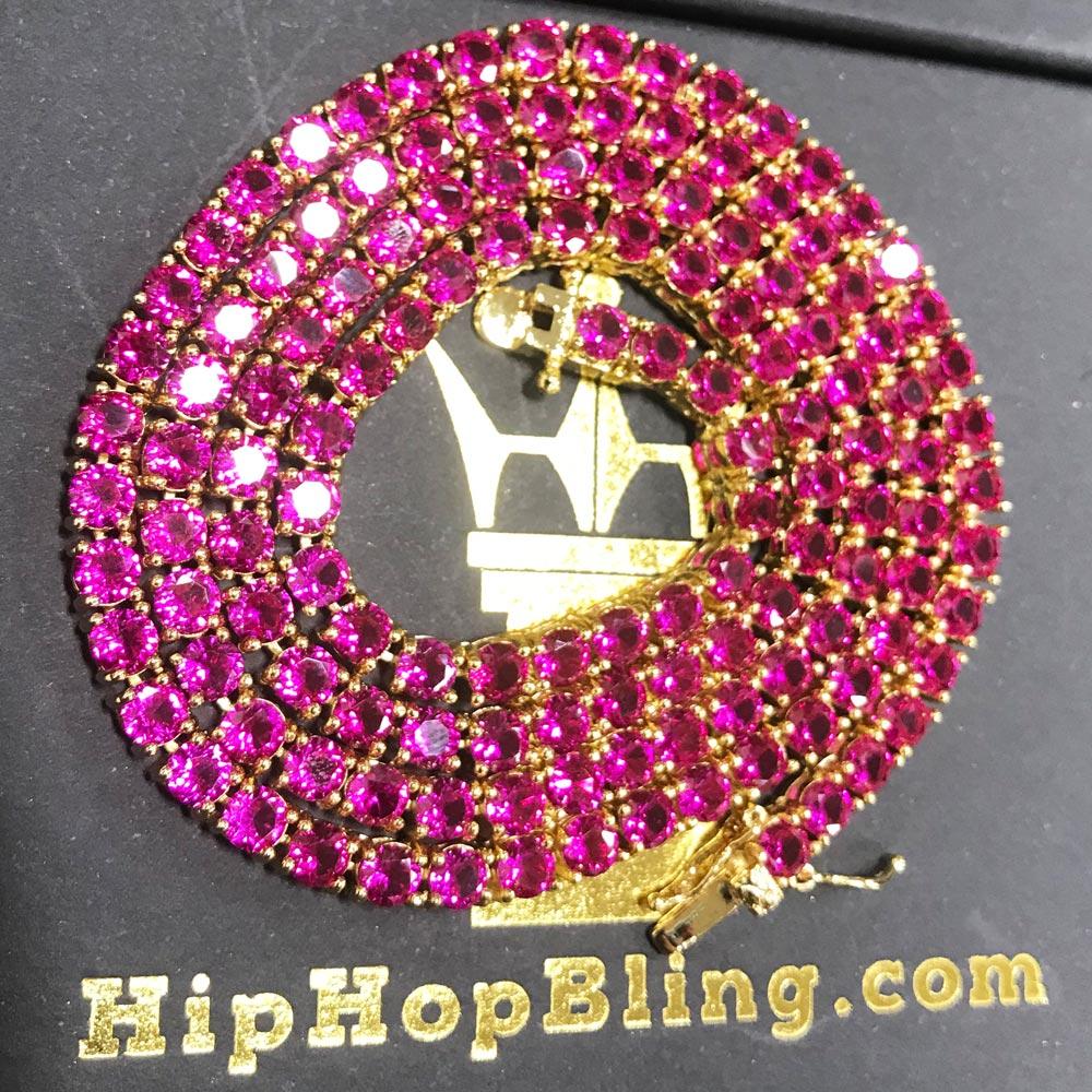 Pigeon Ruby 4MM Gold 1 Row Tennis Chain 18" HipHopBling