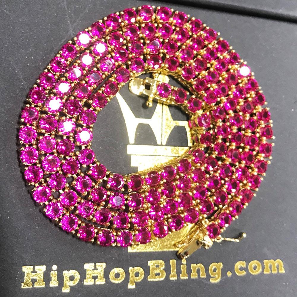Pigeon Ruby 4MM Gold 1 Row Tennis Chain HipHopBling