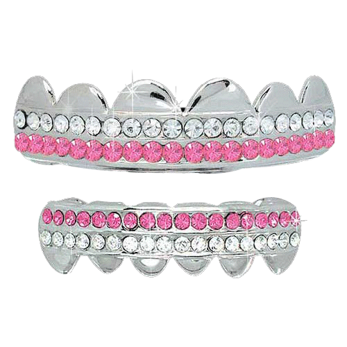 Pink / White Double Row Bling Silver Top Bottom Grillz Set HipHopBling