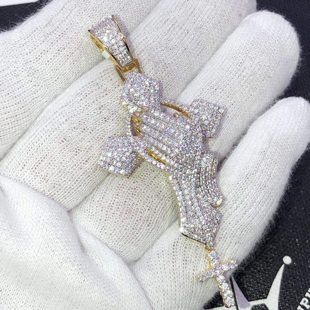 Pointed Prayer Cross VVS CZ Iced Out Pendant Yellow Gold HipHopBling