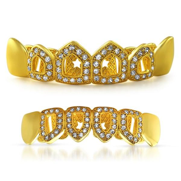 Polished 4 Open Tooth CZ Bling Gold Grillz Set HipHopBling