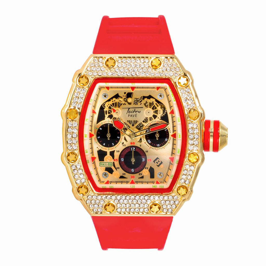 Popular Red Trim Iced Out Hip Hop Watch Silver/Black Band HipHopBling
