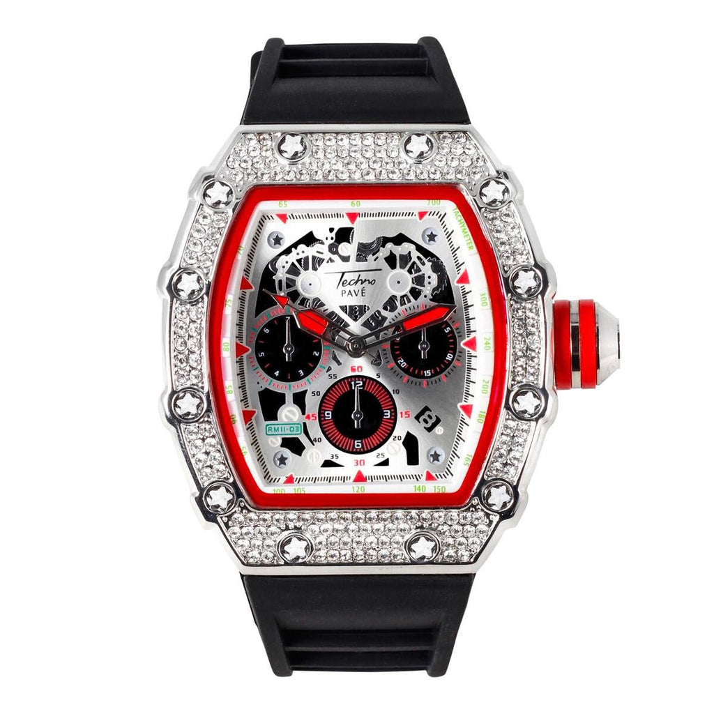 Popular Red Trim Iced Out Hip Hop Watch Silver/Black Band HipHopBling