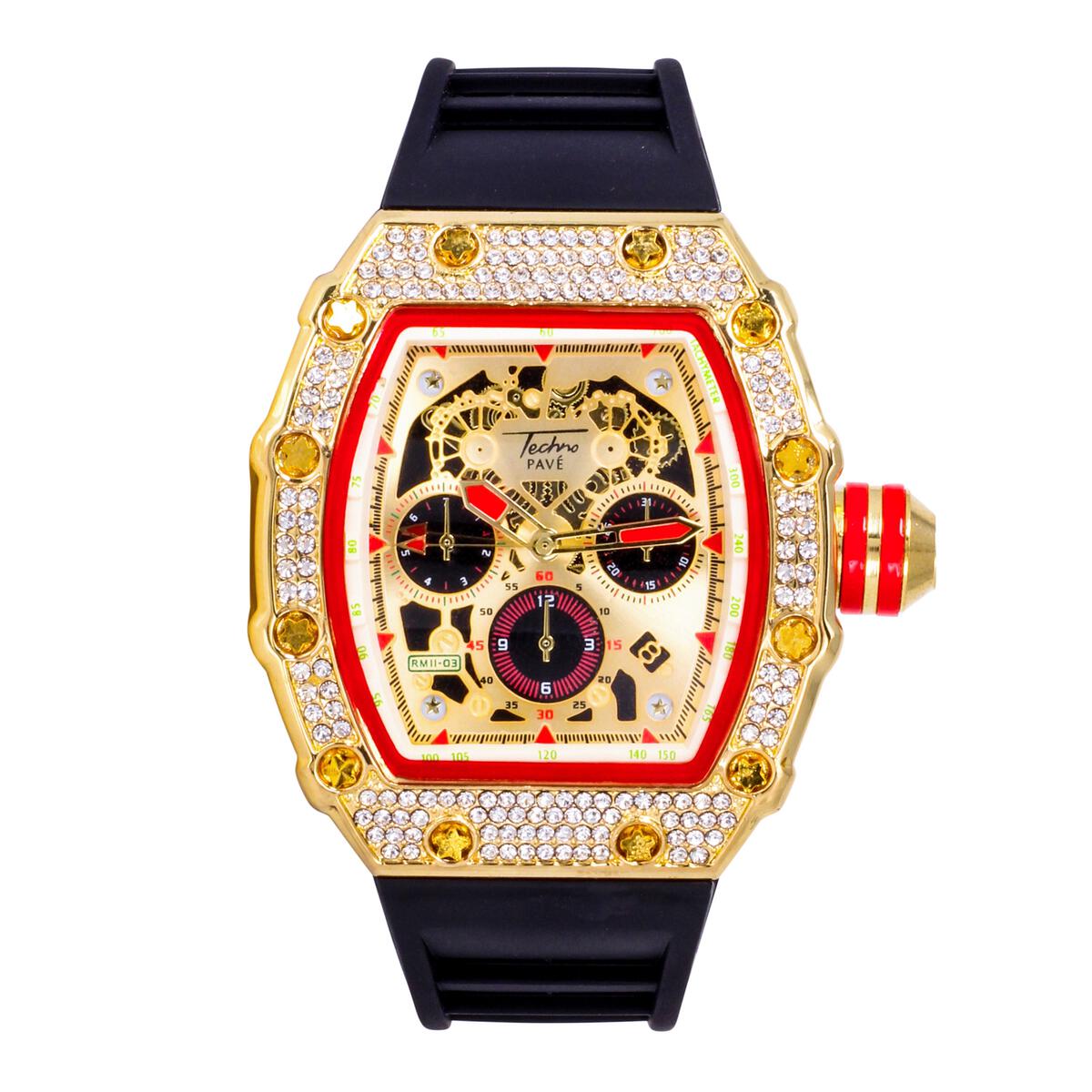 Popular Red Trim Iced Out Hip Hop Watch Silver/Black Band HipHopBling